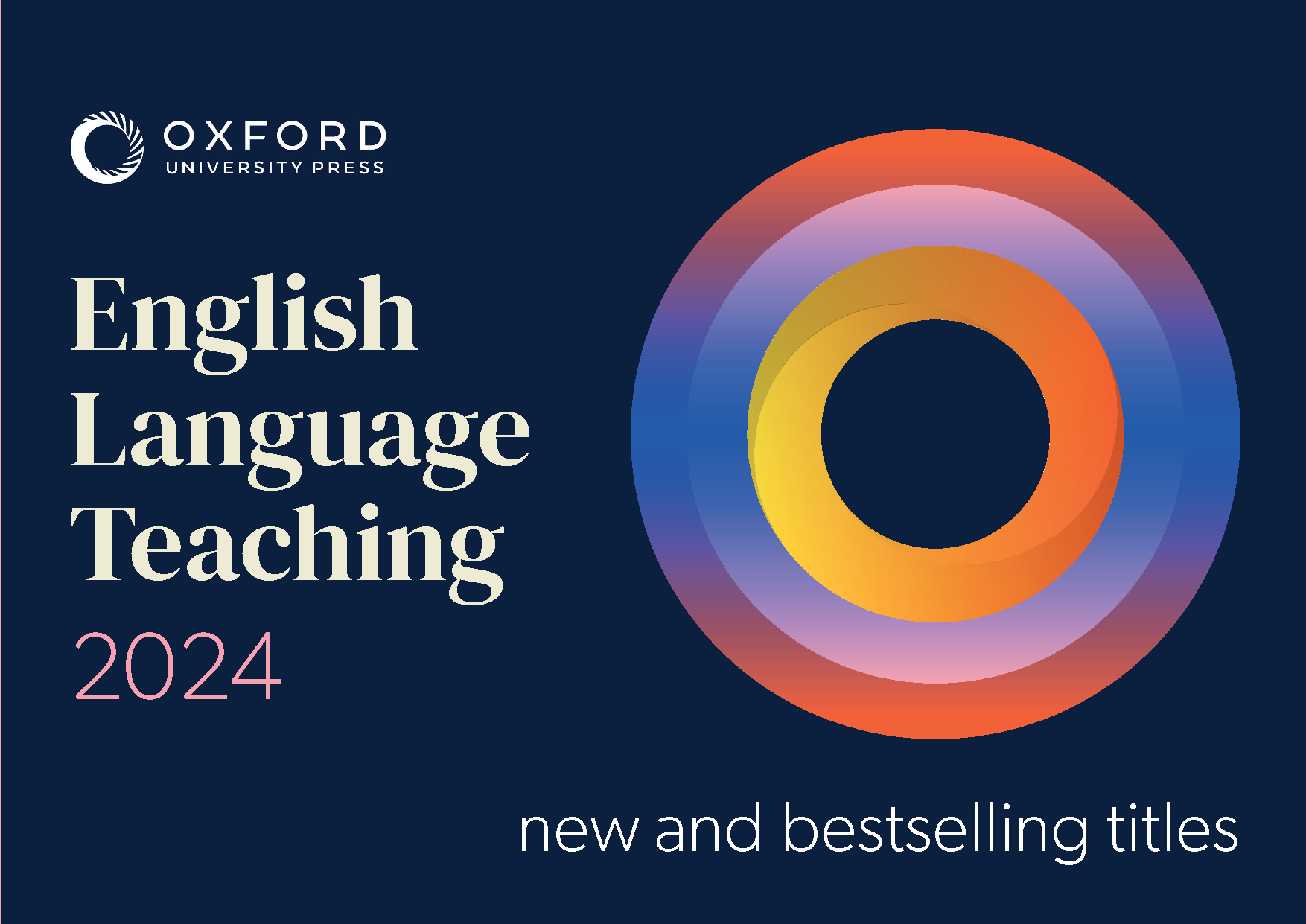 Cover image of Oxford University Press's English Language Teaching catalog for 2024. The image features a dark blue background, the OUP logo, and bold text announcing 